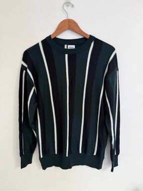 Zara Green Black Cream Vertical Striped Knit Crewneck Sweater Mens M Retro VTG